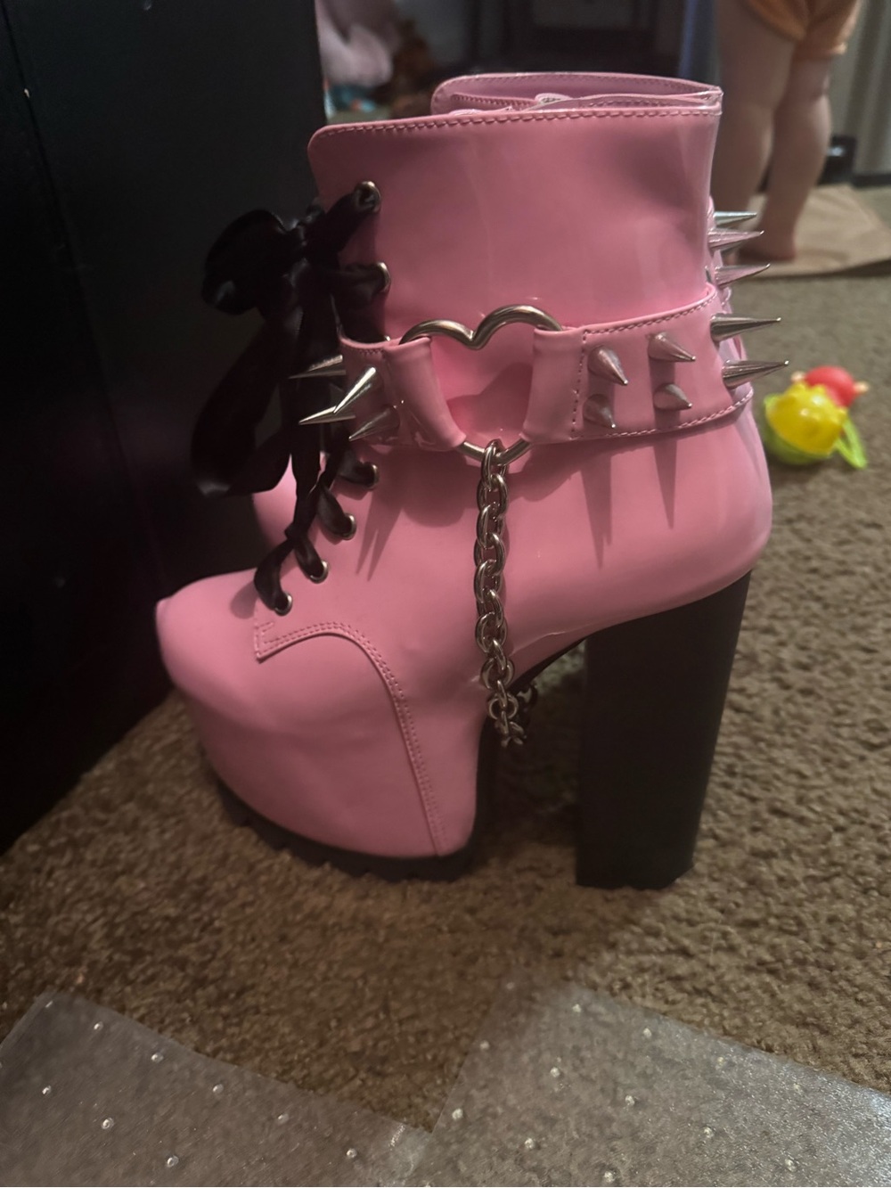 Dolls Kill Pink Patent Platform Lace-Up Boots with Black Ribbon Laces - Picture 3 of 6